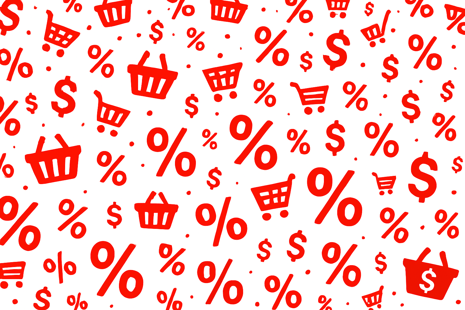 RAIN OF DISCOUNT SYMBOLS IN RED ON A WHITE BACKGROUND. YOU CAN USE THE PERCENTAGE SYMBOL, BASKET, SHOPPING CART, DOLLAR SIGN.